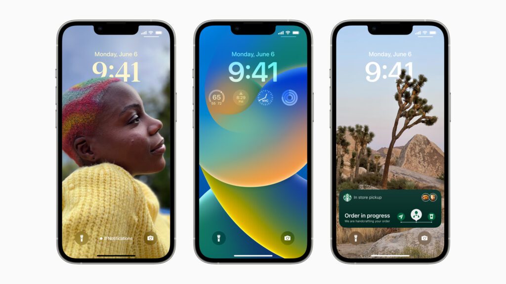 Three iPhone screens featuring beautiful custom designs. Left of a beautiful young person with multi-colored hair in a pale yellow sweater; middle of rich oval shapes overlapping in blues, yellows nd oranges; and right, a desert scene with tall, reaching cacti.