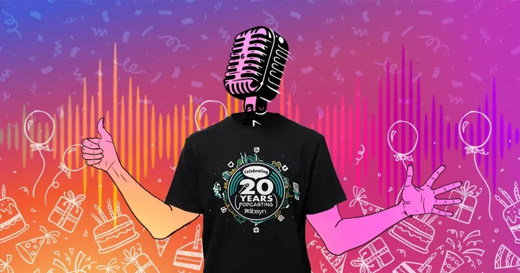 20th-birthday-shirt-libsyn - Official Libsyn Blog Fun, comic image with pink background. Man with a microphone head & thumbs up to 20 years of podcasting with Libsyn