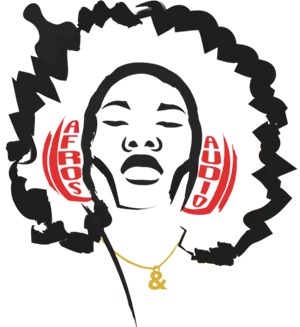 Logo for Afros & Adio featuring a black man with headphones on and an afro.