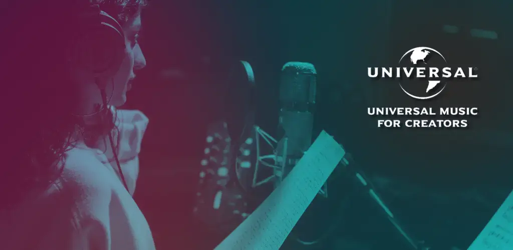 Woman podcasting in her studio with the Worl Universal Music for Creators Logo