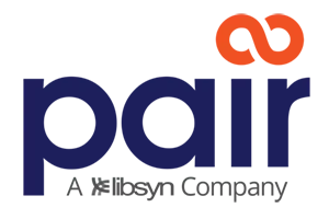 Pair Networks logo in blue with an orange swirl dotting the "i" followed by "A Libsyn Company"