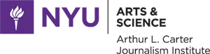 New York University Logo for the Arts & Science Arthur L. Carter Journalism Institute. The Logo is purple and features a simple torch in white in a purple square background.