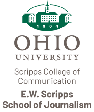 E.W. Scripps School of Communication at Ohio University type logo with small green university building.