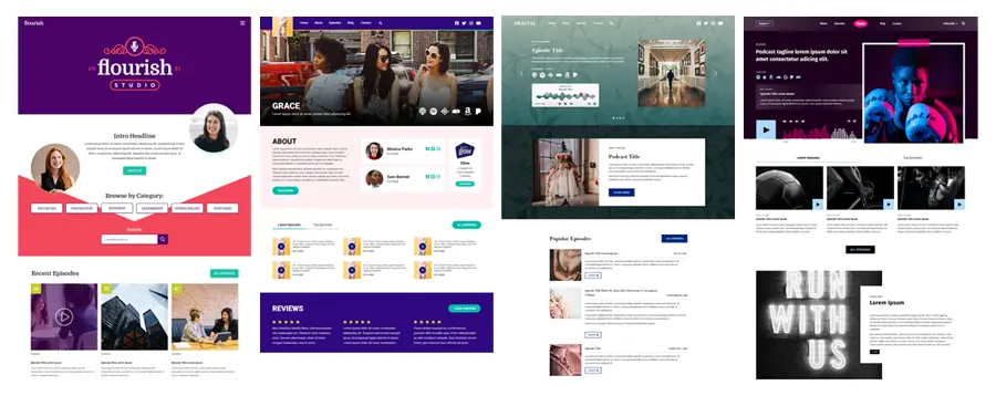 Screenshots of a variety of podcast websites showing how impactful they can be visually and the many functions they serve viewers.