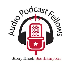 Audio Podcast Fellows logo featuring a red microphone with black headphones on above the words "Stony Brook Southhampton"