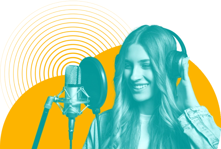 Header graphic of a woman smiling and podcasting.