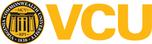 Virginia Commonwealth University logo with large yellow "VCU" type next to university columns encircled by the school's full name.